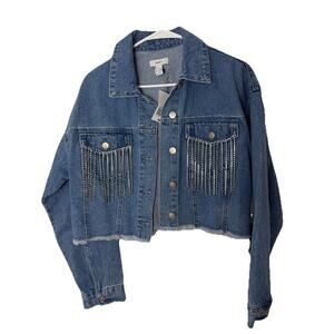 Denim Fringe Cropped Raw Edge Forever 21 Cowgirl Western Womens Jacket Sz M